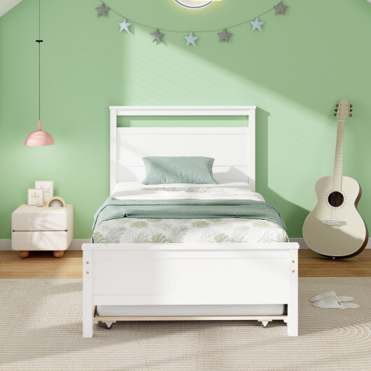 Twin Size Wooden Bed Frame with Trundle for Teens and Adults-White - Color: White - Size: Twin Size - Image 3