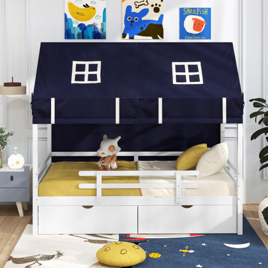 Twin House Bed with Tent and 2 Storage Drawers for Kids-White - Color: White - Size: Twin Size - Image 3