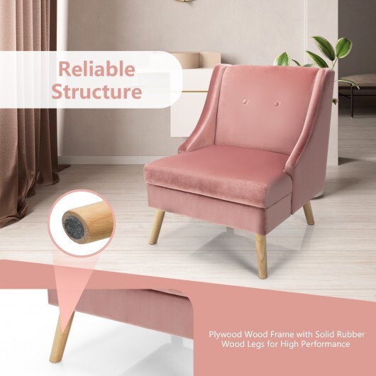 Velvet Wing Back Accent Chair with Rubber Wood Legs and Padded Seat for Living Room-Pink - Color: Pink - Image 3