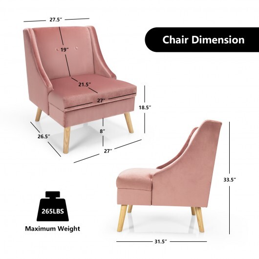 Velvet Wing Back Accent Chair with Rubber Wood Legs and Padded Seat for Living Room-Pink - Color: Pink - Image 4