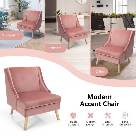 Velvet Wing Back Accent Chair with Rubber Wood Legs and Padded Seat for Living Room-Pink - Color: Pink - Image 5