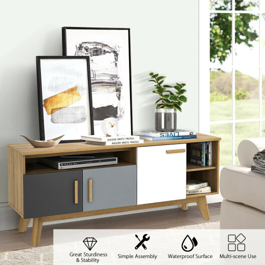 65 Inch TV Stand with 3 Storage Cabinets and 3 Open Shelves for Living Room - Color: Natural - Image 3