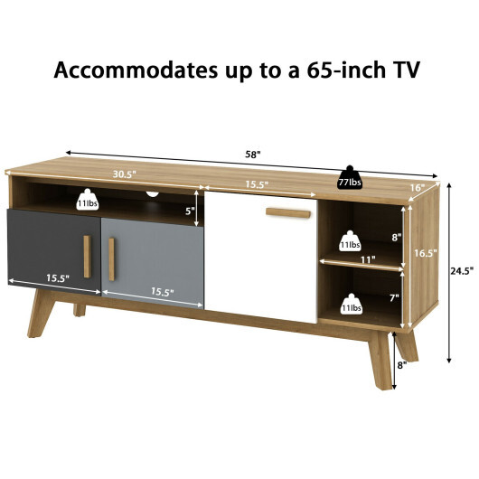 65 Inch TV Stand with 3 Storage Cabinets and 3 Open Shelves for Living Room - Color: Natural - Image 4