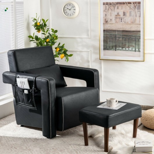 Modern Berber Fleece Single Sofa Chair with Ottoman and Waist Pillow-Black - Color: Black - Image 2
