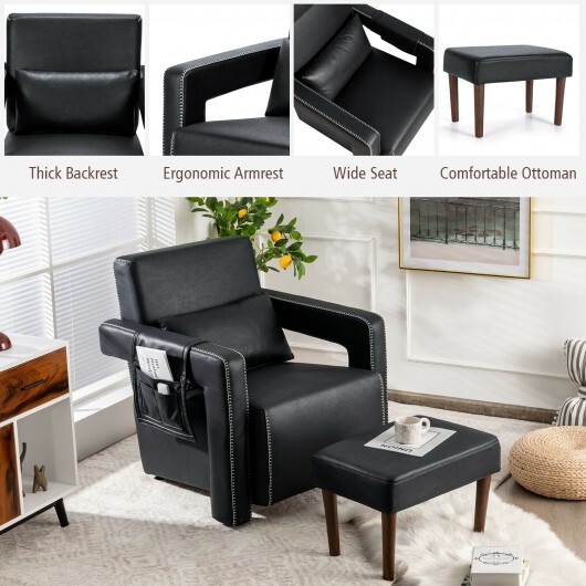 Modern Berber Fleece Single Sofa Chair with Ottoman and Waist Pillow-Black - Color: Black - Image 3