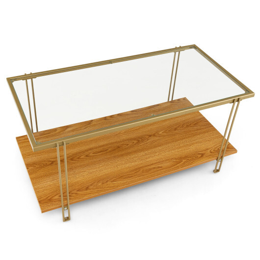 2 Tiers Rectangle Glass Coffee Table with White and Gold Steel Frame-Golden - Color: Golden