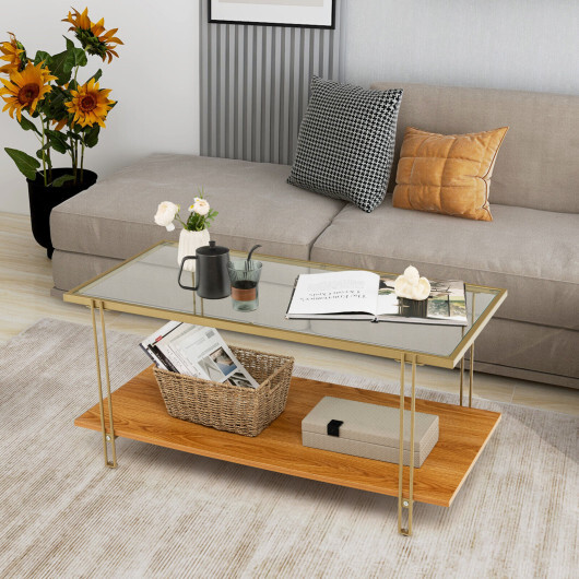 2 Tiers Rectangle Glass Coffee Table with White and Gold Steel Frame-Golden - Color: Golden - Image 2