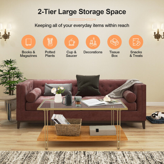 2 Tiers Rectangle Glass Coffee Table with White and Gold Steel Frame-Golden - Color: Golden - Image 3