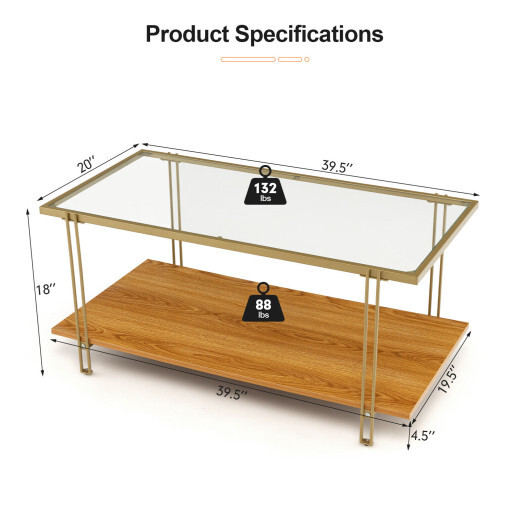 2 Tiers Rectangle Glass Coffee Table with White and Gold Steel Frame-Golden - Color: Golden - Image 4