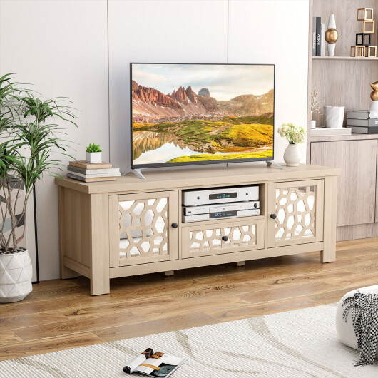 55 Inch Retro TV Stand Media Entertainment Center with Mirror Doors and Drawer-Natural - Color: Natural - Image 2
