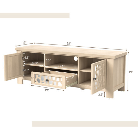 55 Inch Retro TV Stand Media Entertainment Center with Mirror Doors and Drawer-Natural - Color: Natural - Image 4