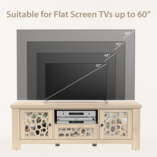 55 Inch Retro TV Stand Media Entertainment Center with Mirror Doors and Drawer-Natural - Color: Natural - Image 5