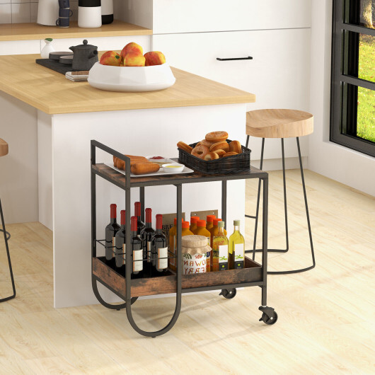Rolling Buffet Serving Cart with Removable Metal Wire Wine Rack-Brown - Color: Brown - Image 2