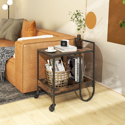 Rolling Buffet Serving Cart with Removable Metal Wire Wine Rack-Brown - Color: Brown - Image 3