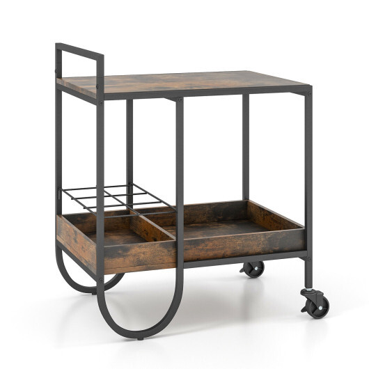 Rolling Buffet Serving Cart with Removable Metal Wire Wine Rack-Brown - Color: Brown - Image 4