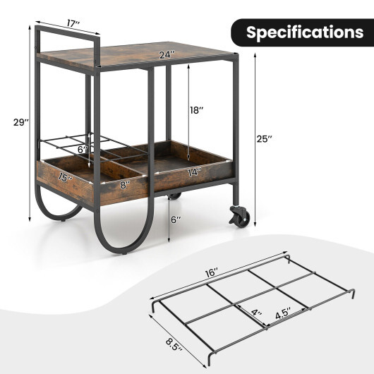 Rolling Buffet Serving Cart with Removable Metal Wire Wine Rack-Brown - Color: Brown - Image 5