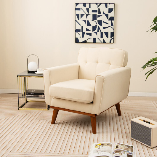Modern Accent Chair Upholstered Linen Fabric Armchair with Removable Padded Seat Cushion-Beige - Color: Beige - Image 2
