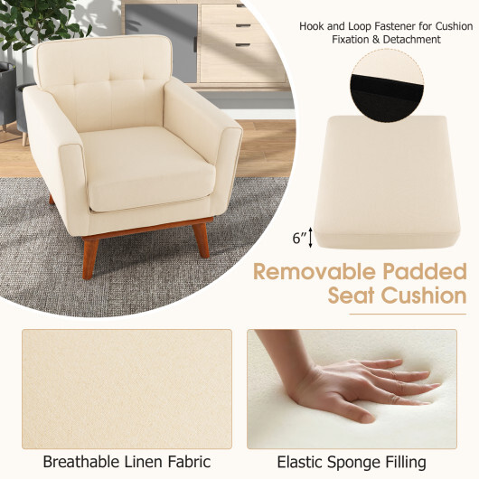 Modern Accent Chair Upholstered Linen Fabric Armchair with Removable Padded Seat Cushion-Beige - Color: Beige - Image 5