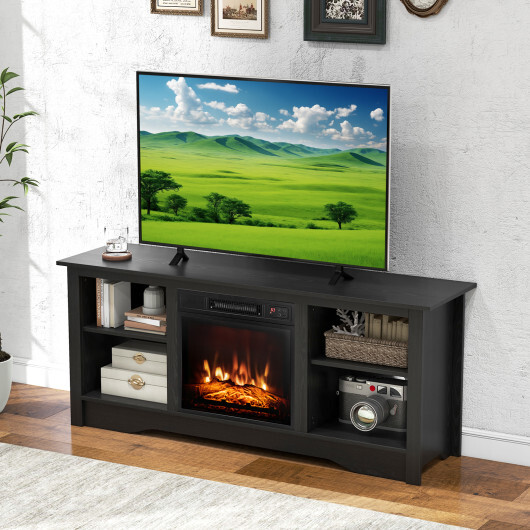 TV Stand for up to 65 Inch Flat Screen TVs with Adjustable Shelves for 18 Inch Electric Fireplace (Not Included)-Black - Color: Black - Image 3