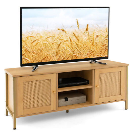Boho TV Stand for TV up to 55 Inches with Faux Rattan Door-Natural - Color: Natural