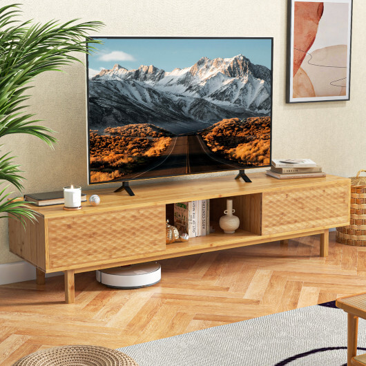 63 Inches Mid Century Modern Bamboo TV Stand with Sliding Doors-Natural - Color: Natural - Image 2