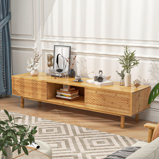 63 Inches Mid Century Modern Bamboo TV Stand with Sliding Doors-Natural - Color: Natural - Image 3