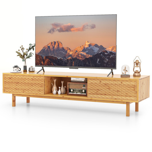 63 Inches Mid Century Modern Bamboo TV Stand with Sliding Doors-Natural - Color: Natural - Image 4