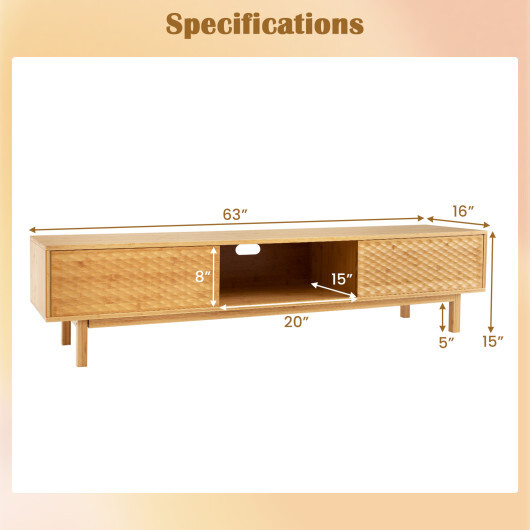 63 Inches Mid Century Modern Bamboo TV Stand with Sliding Doors-Natural - Color: Natural - Image 5