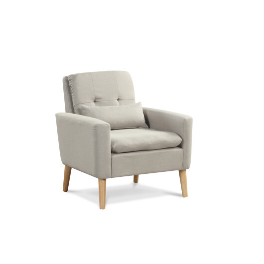 Accent Chair with Lumbar Pillow Natural Rubber Wood Legs Padded Cushions-Beige - Color: Beige