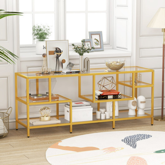 58 Inch TV Console Table with Tempered Glass Shelves for Living Room-Gold - Color: Golden - Image 2