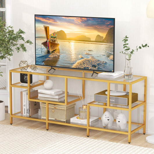 58 Inch TV Console Table with Tempered Glass Shelves for Living Room-Gold - Color: Golden - Image 3