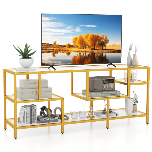 58 Inch TV Console Table with Tempered Glass Shelves for Living Room-Gold - Color: Golden - Image 4