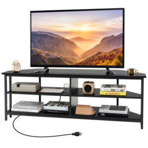 3-Tier Corner TV Stand for TVs up to 65 Inches with Charging Station- Black - Color: Black
