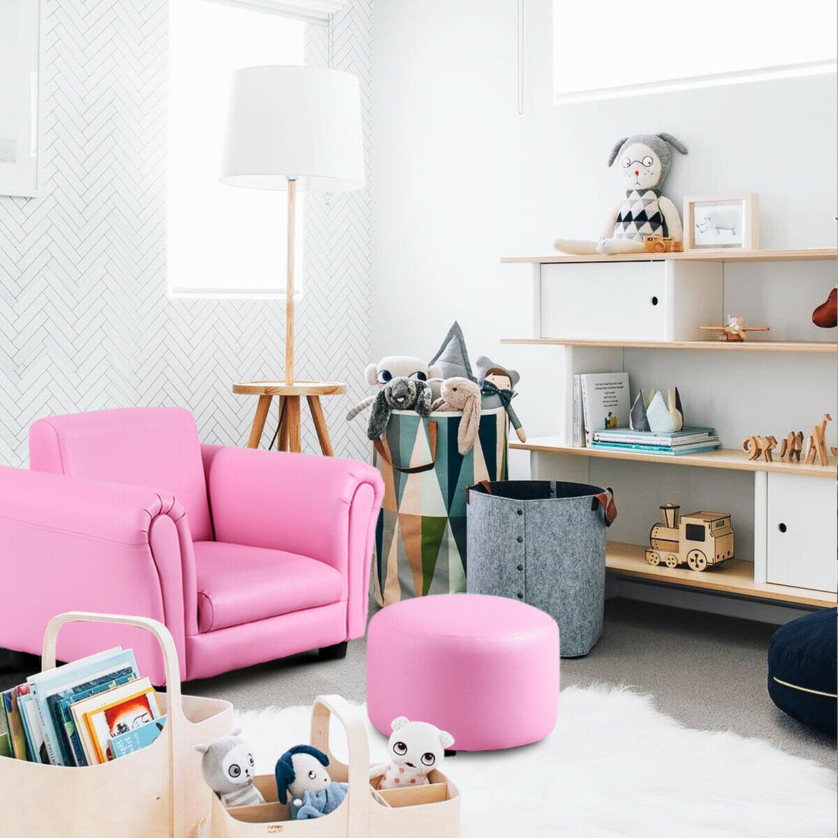 Kids Single Armrest Couch Sofa with Ottoman - Color: Pink - Image 2