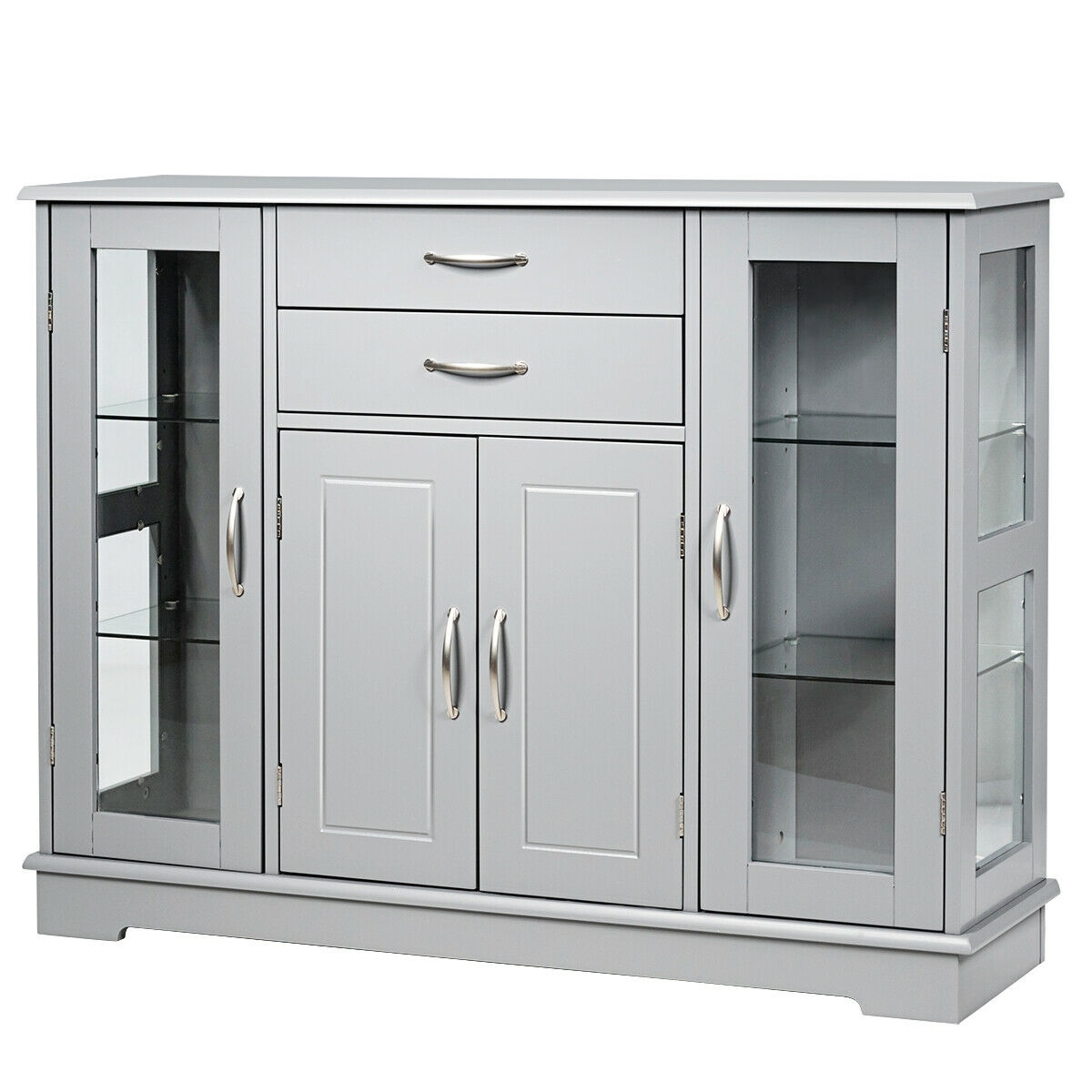 Sideboard Buffet Server Storage Cabinet with 2 Drawers and Glass Doors-Gray - Color: Gray