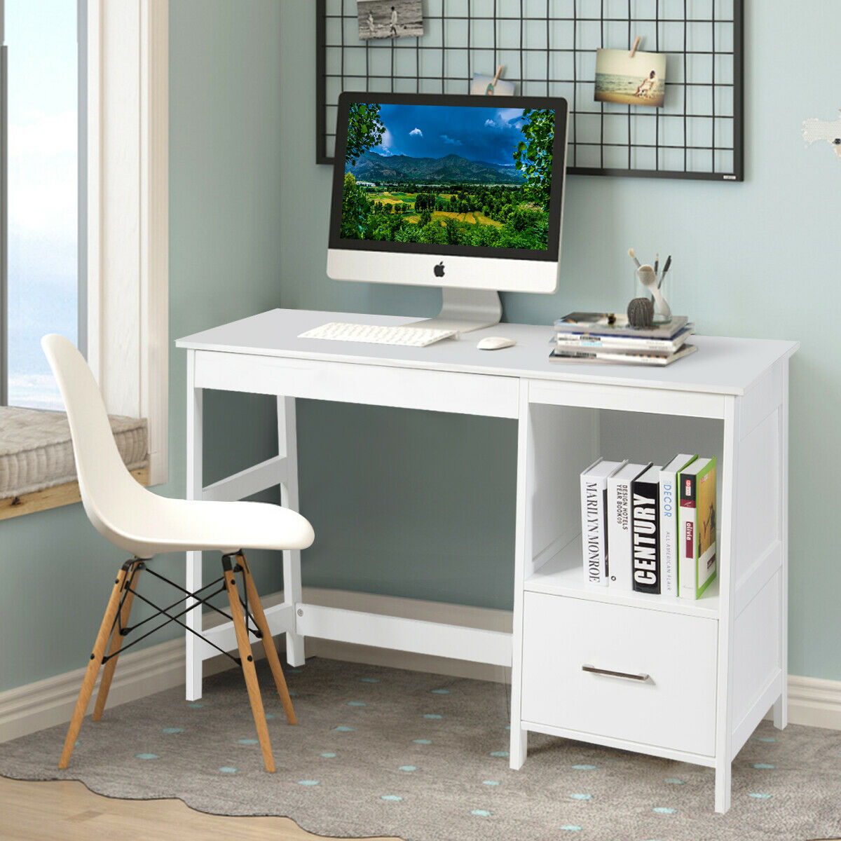 47.5 Inch Modern Home Computer Desk with 2 Storage Drawers-White - Color: White - Image 2