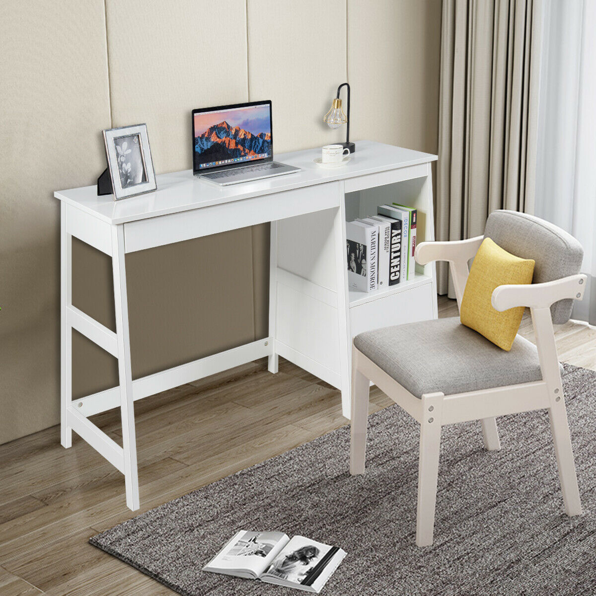 47.5 Inch Modern Home Computer Desk with 2 Storage Drawers-White - Color: White - Image 3