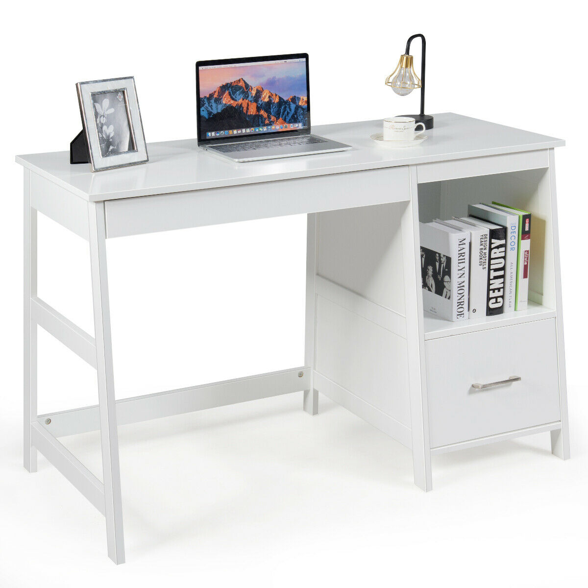 47.5 Inch Modern Home Computer Desk with 2 Storage Drawers-White - Color: White - Image 4