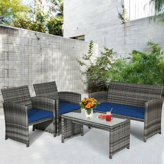 4 Pieces Patio Rattan Furniture Set with Glass Table and Loveseat-Navy - Color: Navy - Image 2