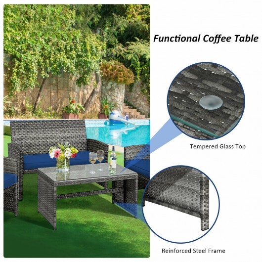 4 Pieces Patio Rattan Furniture Set with Glass Table and Loveseat-Navy - Color: Navy - Image 3