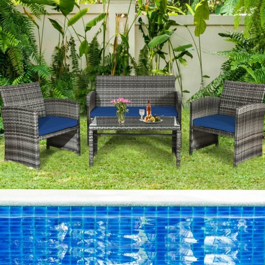 4 Pieces Patio Rattan Furniture Set with Glass Table and Loveseat-Navy - Color: Navy - Image 5