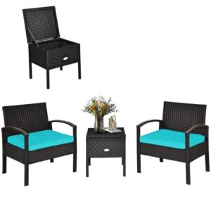 3 Piece PE Rattan Wicker Sofa Set with Washable and Removable Cushion for Patio-Turquoise - Color: Turquoise