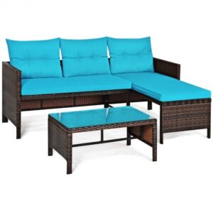 3 Pieces Patio Wicker Rattan Sofa Set-Turquoise - Color: Turquoise