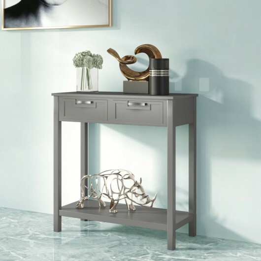 Narrow Console Table with Drawers and Open Storage Shelf-Gray - Color: Gray - Image 2