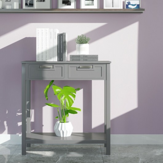 Narrow Console Table with Drawers and Open Storage Shelf-Gray - Color: Gray - Image 4