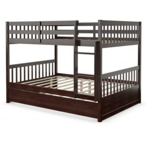 Full over Full Bunk Bed Platform Wood Bed with Ladder-Brown - Color: Brown