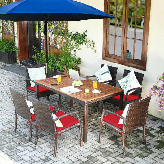 7Pcs Patio Rattan Cushioned Dining Set with Umbrella Hole-Red - Color: Red - Image 2