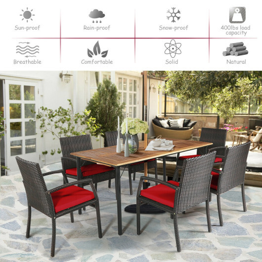 7Pcs Patio Rattan Cushioned Dining Set with Umbrella Hole-Red - Color: Red - Image 3