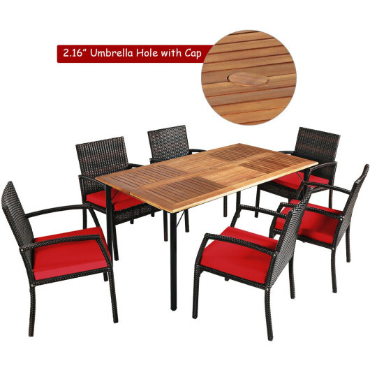 7Pcs Patio Rattan Cushioned Dining Set with Umbrella Hole-Red - Color: Red - Image 5