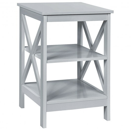 3-Tier Nightstand End Table with X Design Storage -Gray - Color: Gray